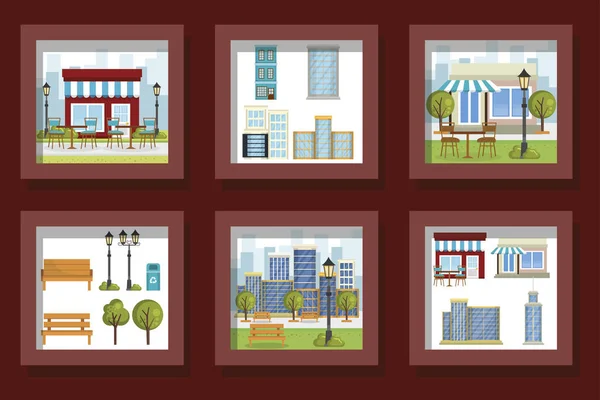 Paquetes de diseños de escenas parques paisaje y fachadas estructuras — Vector de stock