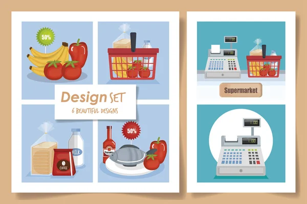 Seis diseños de escenas de supermercado con iconos — Vector de stock