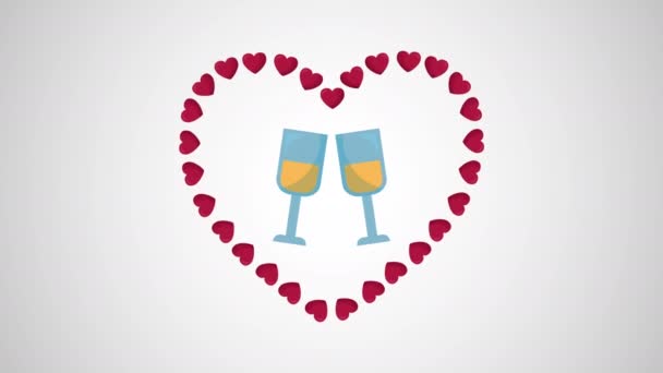 День святого Валентина анимированная карта с бокалами шампанского и сердце — стоковое видео