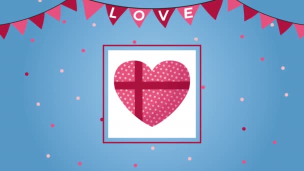 День валентинки анімаційна листівка з подарунковою коробкою серця — стокове відео
