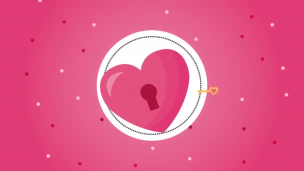Tarjeta animada día de San Valentín con candado de corazón y llave — Vídeo de stock