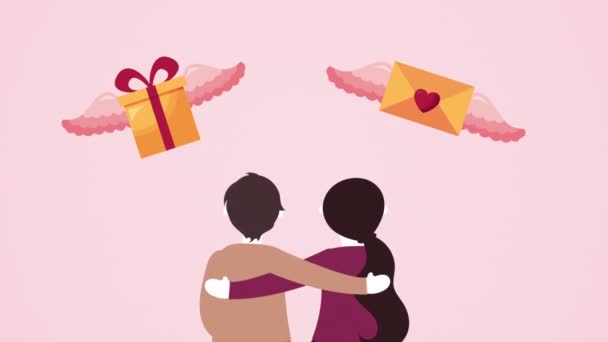 Valentines day animated card with lovers couple and gifts flying — 图库视频影像