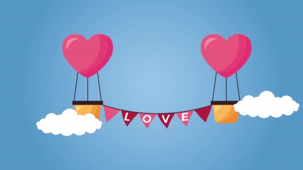 Tarjeta animada día de San Valentín con globos aire caliente y guirnaldas — Vídeo de stock