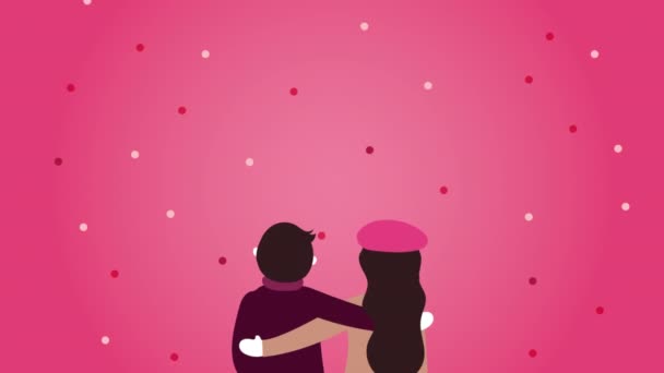 Valentines day animated card with lovers couple and proposal rings — Stock Video