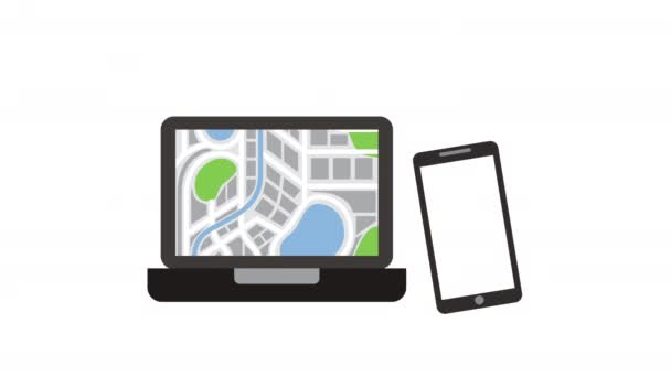 Laptop e smartphone com aplicação de tecnologia gps — Vídeo de Stock