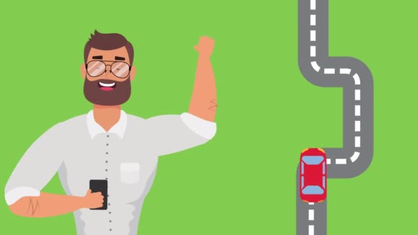 Επιχειρηματίας που χρησιμοποιεί smartphone με δρόμο και αυτοκίνητα — Αρχείο Βίντεο
