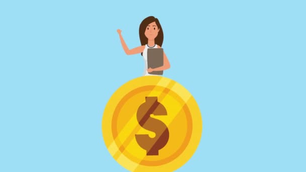 Geschäftsfrau mit Münzen und Finanzsymbolen — Stockvideo