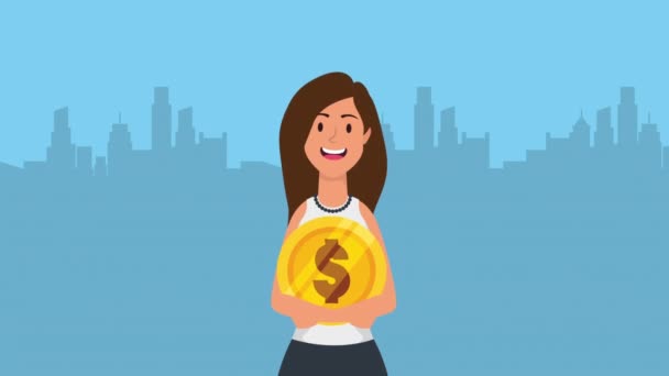 Businesswoman with coin money dollar — Stockvideo