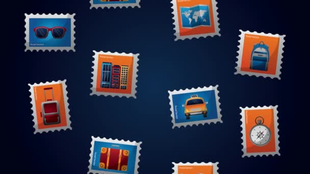 Travel around the world animation with items in stamps — 图库视频影像