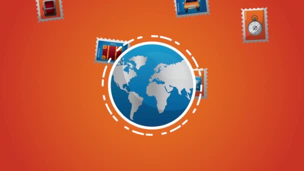 Travel around the world animation with items in stamps and earth planet — 图库视频影像