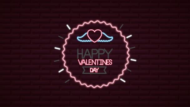 Día de San Valentín etiqueta de neón animada con marco circular — Vídeo de stock