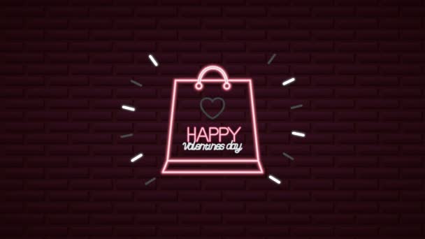 Valentines day neon label animated with shopping bag — 图库视频影像