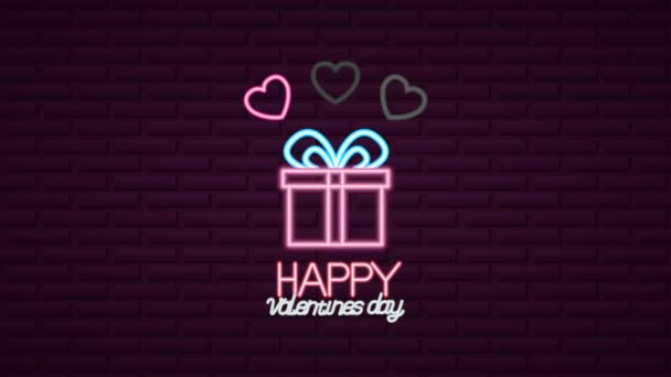 День святого Валентина неоновая этикетка анимированная с Giftbox — стоковое видео