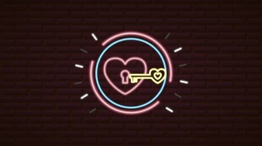 valentines day neon label animated with heart and key