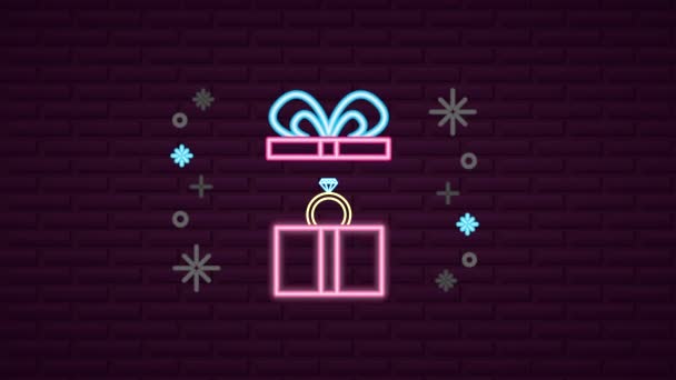 Valentines day neon label animated with ring in gift — 图库视频影像
