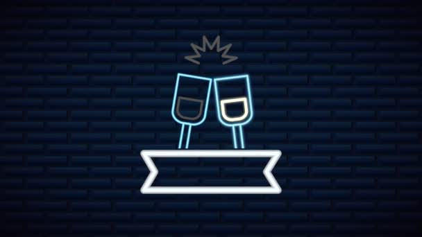 Valentines day neon label animated with wine cups — Stockvideo