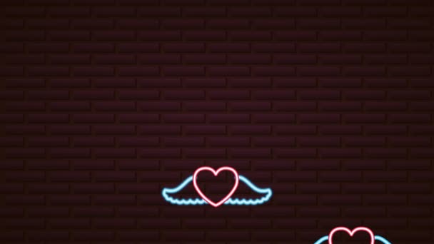 Valentines day neon label animated with hearts flying — 图库视频影像