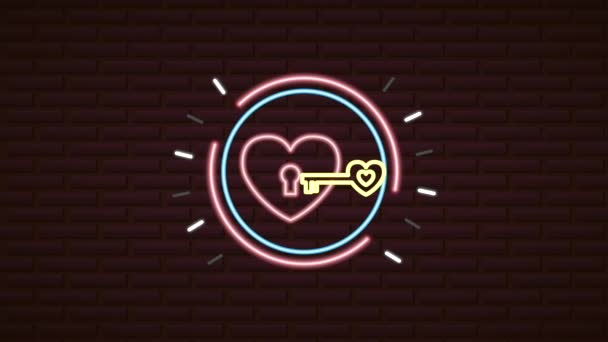 Valentijnsdag neon label geanimeerd met hart en sleutel — Stockvideo