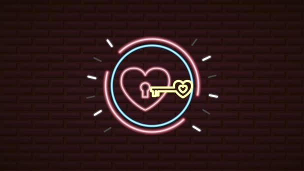 Valentines day neon label animated with heart and key — Stok video