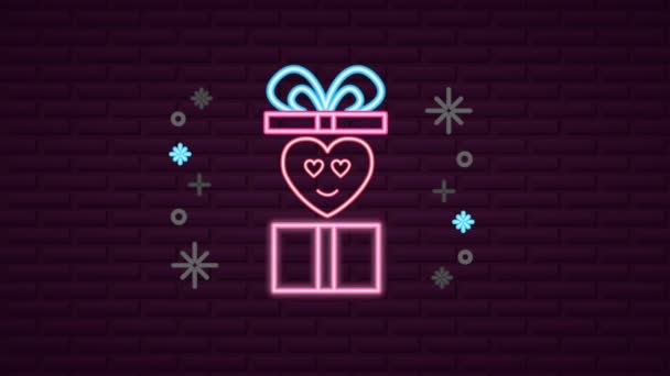 Valentines day neon label animated with heart in gift — ストック動画