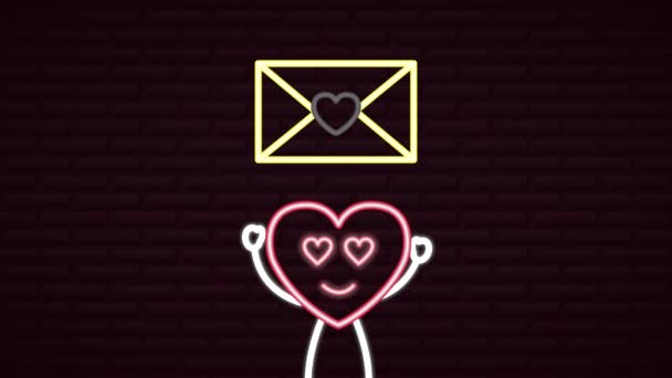 Valentines day neon label animated with heart character — Stock Video