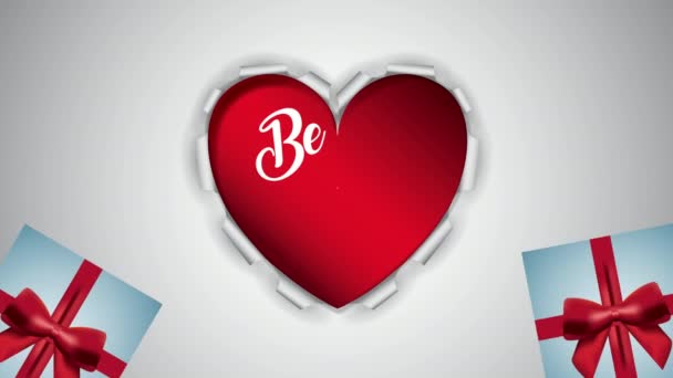 День святого Валентина анимированная карта с сердцем и буквами — стоковое видео