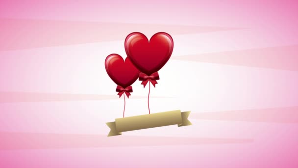 День валентинки анімаційна листівка з сердечками і стрічкою — стокове відео