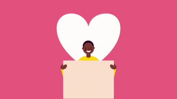 Afro man met valentijnsdag banner karakter — Stockvideo
