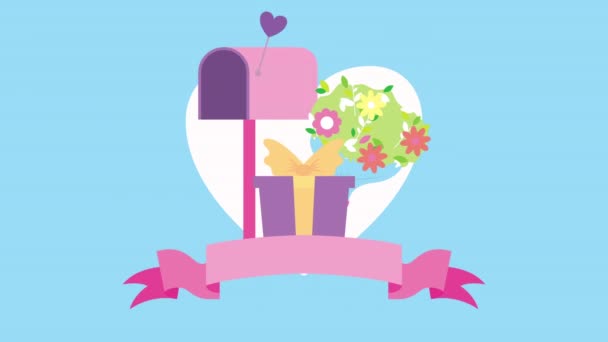 Valentinstag animierte Karte mit Geschenk und Blumen — Stockvideo