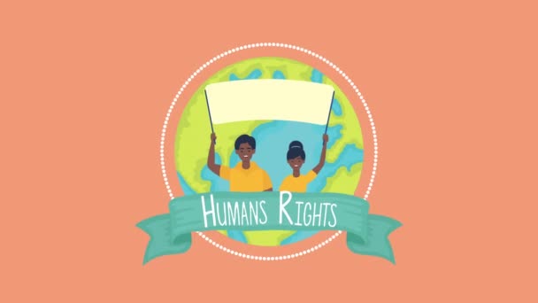 Mensenrechten animatie met mensen die protesteren en planeet — Stockvideo