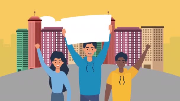 Mladí lidé protestující postavy animované — Stock video