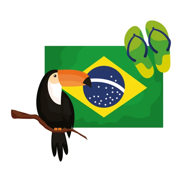 Tukan und Flip-Flops mit brasilianischer Flagge — Stockvektor