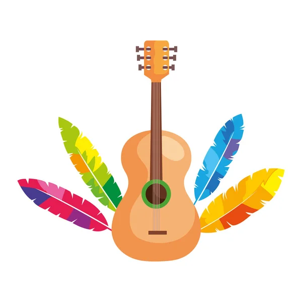 Guitar with exotic feathers isolated icon — Stock Vector