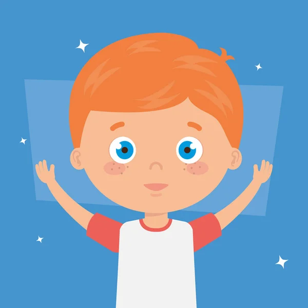 Lindo niño con manos arriba carácter avatar — Vector de stock