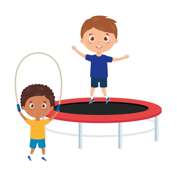 Cute little boys with trampoline jump and rope jump — Stock Vector