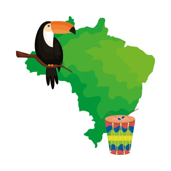 Tucán y tambor con mapa de Brasil — Archivo Imágenes Vectoriales