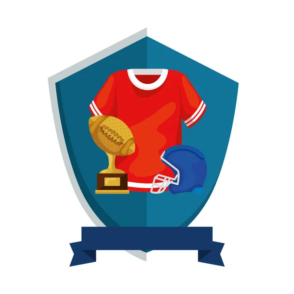 Amerikansk fotboll skjorta med trofé och hjälm i sköld isolerad ikon — Stock vektor