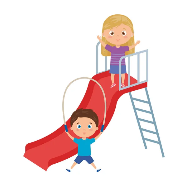 Lindos niños pequeños con deslizamiento y salto de cuerda — Vector de stock