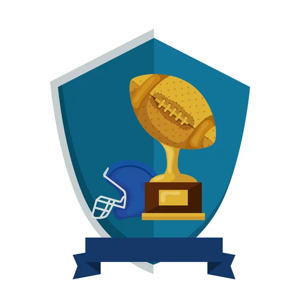 Trofeo y casco de fútbol americano en escudo icono aislado — Vector de stock