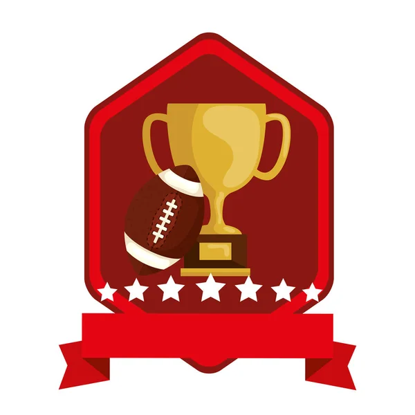 Emblema con coppa trofeo e palla football americano — Vettoriale Stock