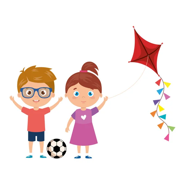 Simpatici bambini con aquilone e pallone da calcio — Vettoriale Stock