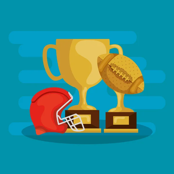 Trofeeën en amerikaanse voetbal helm geïsoleerde pictogram — Stockvector