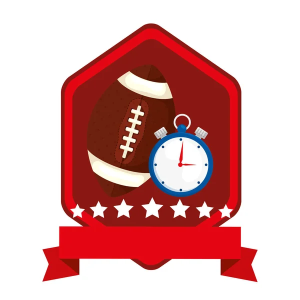 Emblema con cronómetro y balón de fútbol americano — Vector de stock