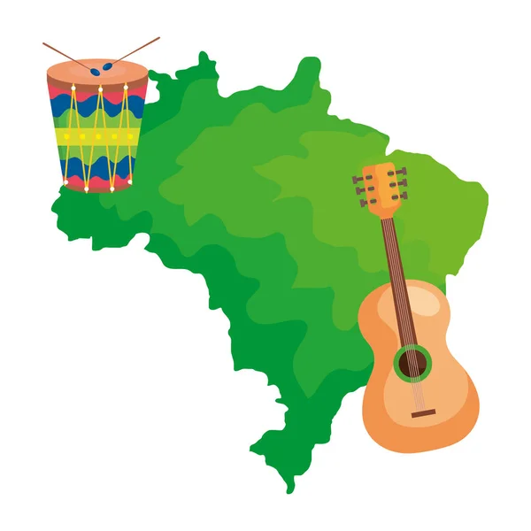 Гитара и барабан с картой Бразилии изолированный значок — стоковый вектор