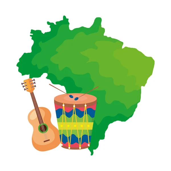 Tambor y guitarra con mapa de Brasil — Archivo Imágenes Vectoriales