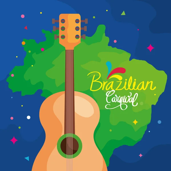 Plakat brazylijskiego karnawału z mapą i gitarą — Wektor stockowy