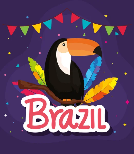 Plakat karnawałowy brazylijski z tukanem i dekoracją — Wektor stockowy