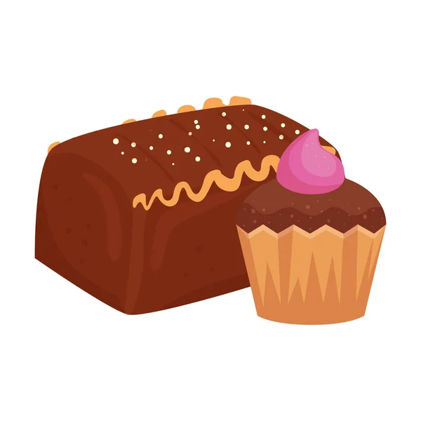 Cake chocolate with cupcake isolated icon — 스톡 벡터