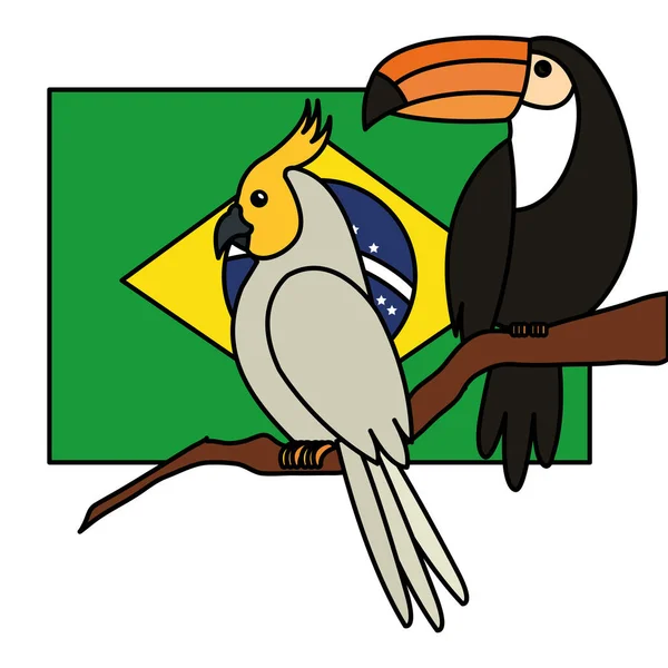 Drapeau du Brésil avec perroquet et toucan icône isolée — Image vectorielle