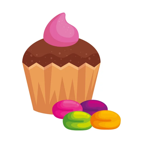 Heerlijke cupcake met snoepjes geïsoleerd icoon — Stockvector